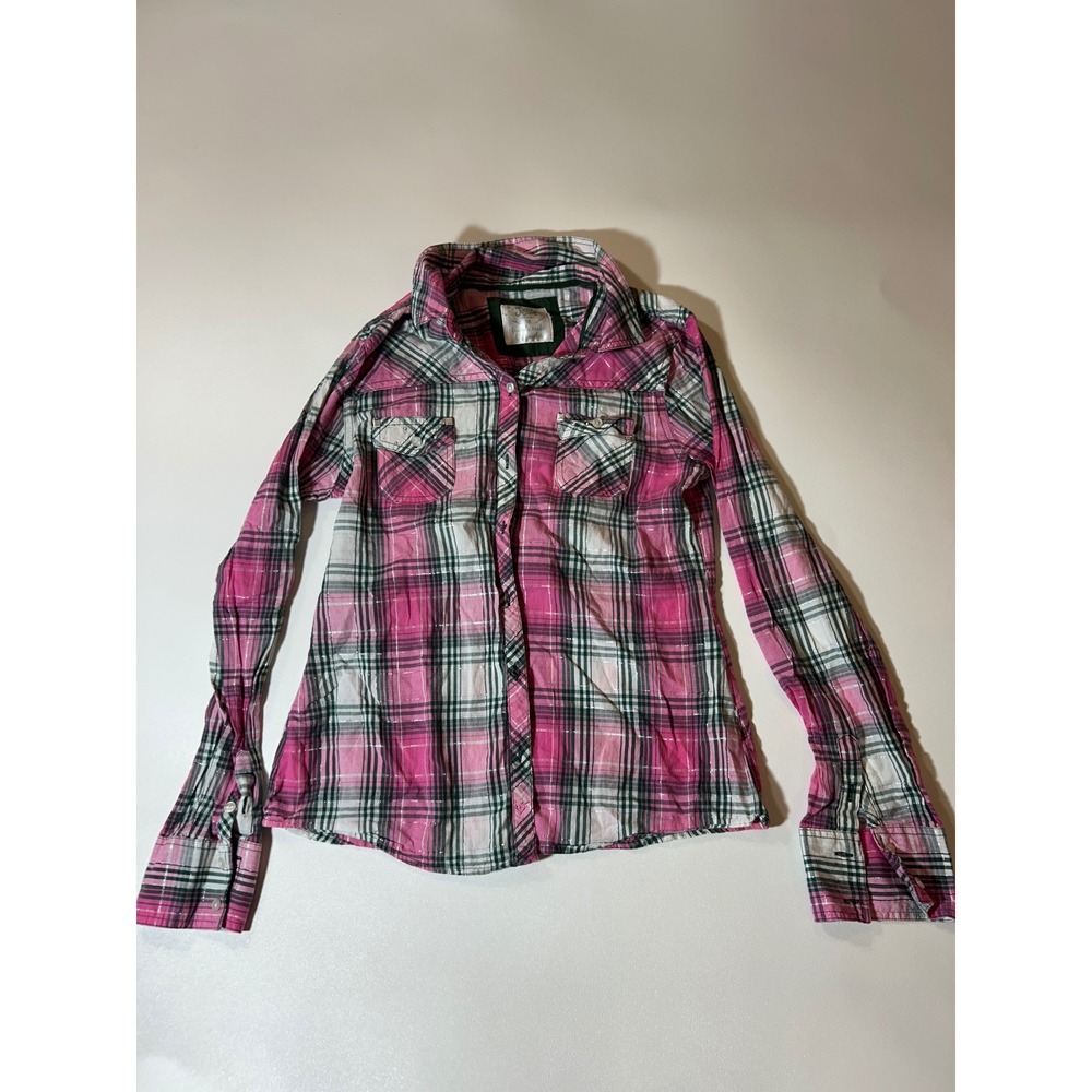 Justice Plaid Button Down Shirt Girls 16 Pink Excellent Metallic Sparkle Lurex